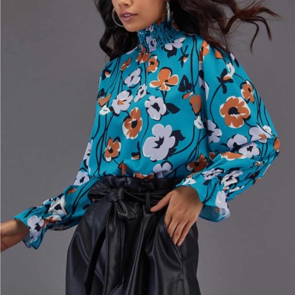 Floral Smocked Mock Neck Flounce Sleeve Blouse Green